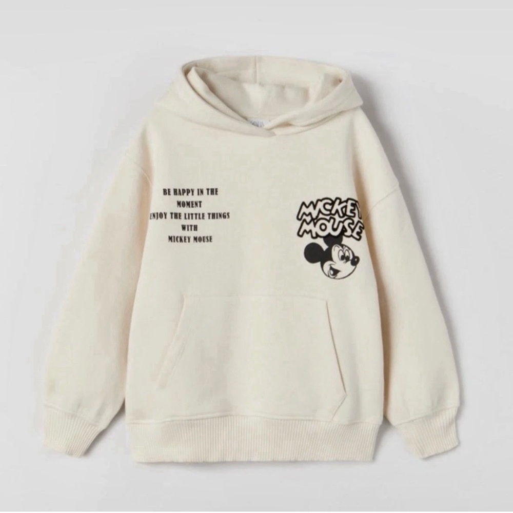 Zara Disney collab Mickey Mouse Cream Hooded sweatshirt Girls Sz 10 NWT